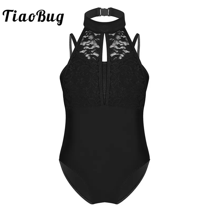 

TiaoBug Children Spaghetti Straps Turtle Neck Lace Overlay Dancewear Kids Gymnastics Leotard for Girls Tutu Ballet Dance Costume