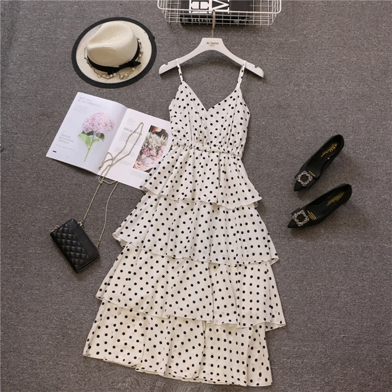 Милое платье в горошек с каскадными оборками и высокой талией женские платья