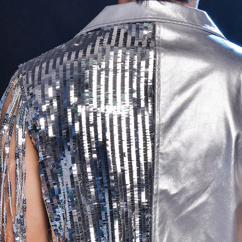 

S-3XL!! Tide models male singer nightclub bar drum DJ performance clothing personality tassel sequin rivet vest pants suit.