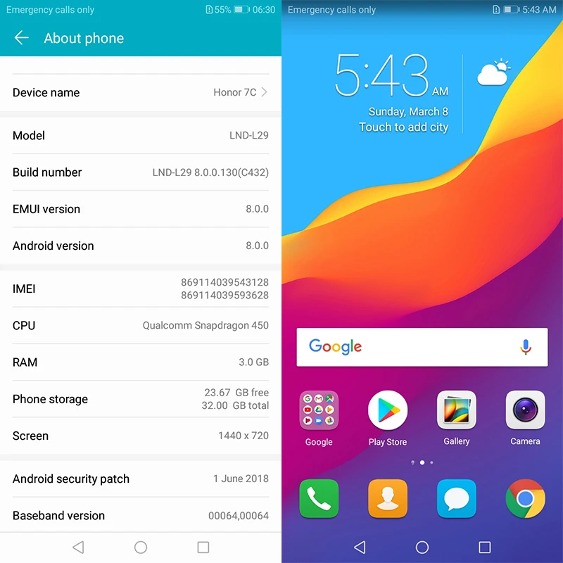 Оригинал Honor 7C 5 99 дюймов Восьмиядерный процессор Snapdragon 450 Передняя камера 3000 МП