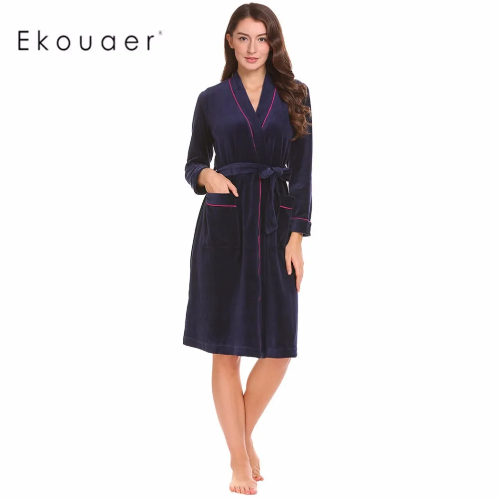 Ekouaer, Женский бархатный халат, пижама, кимоно, хлопок, халат, однотонный, зима, осень, длинный рукав, карман, пэчворк, пижама, спа халаты