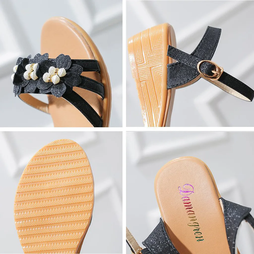 Женские пляжные сандалии SAGACE розовые в римском стиле с цветами на танкетке для