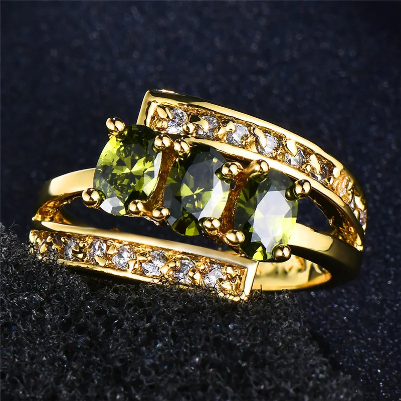

Luxury Female Olive Green Crystal Jewelry Simple Yellow Gold Party Ring Cute Oval Zircon Engagement Wedding Rings For Women