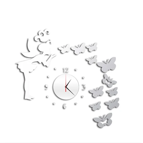 Silver Бабочка Ангел комбинация 65 см зеркальные настенные часы фоновая Наклейка на стену ТВ стикер на стену украшение дома Новинка - Цвет: Silver