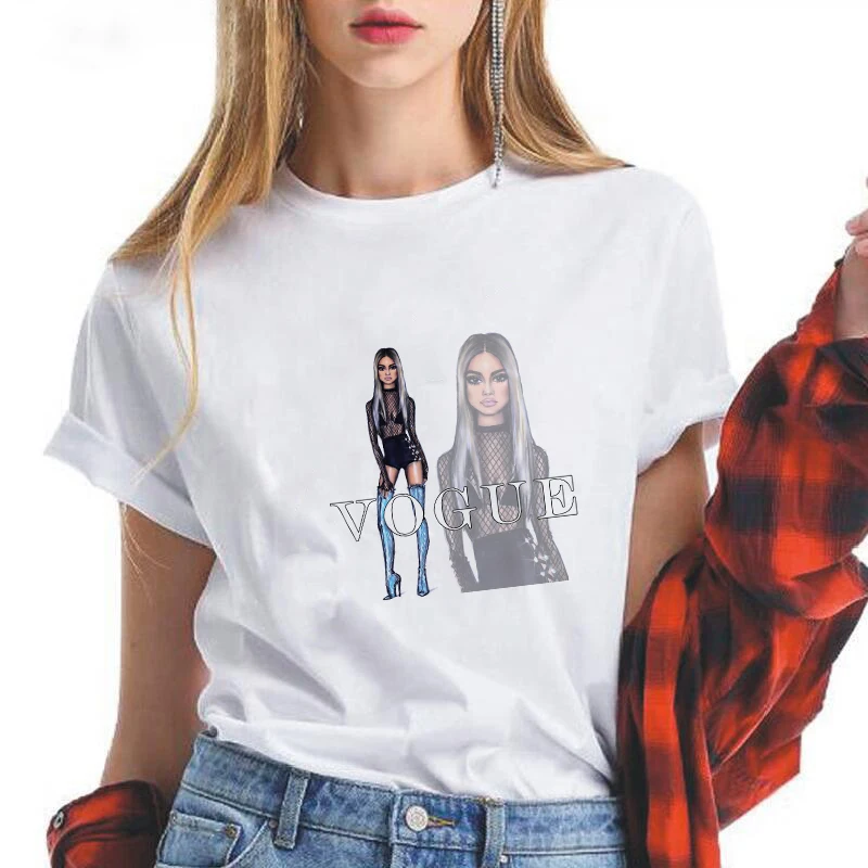 

LUSLOS double image Vogue Beauty Print T Shirt Women Summer Short Sleeve Casual O Neck Tshirt Streetwear Fashion Female T-shirts