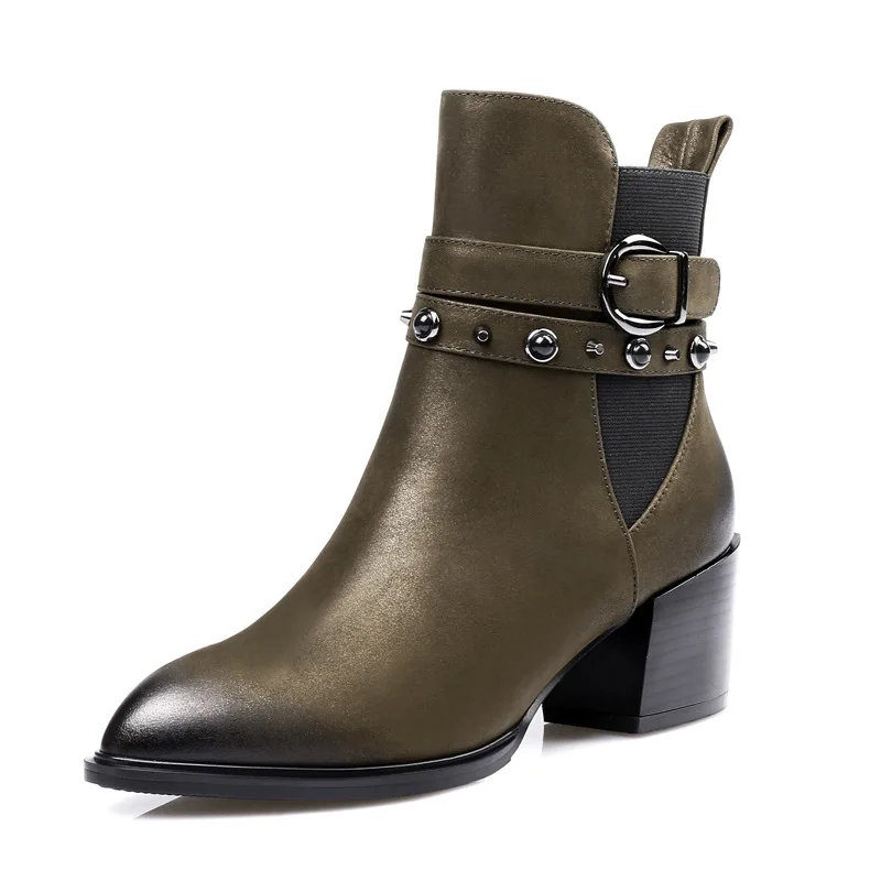 

Female Punk Rivet Boots for Women Genuine Leather Square Heel Chelsea Boots Punk Style Fashion Lady Winter Boots