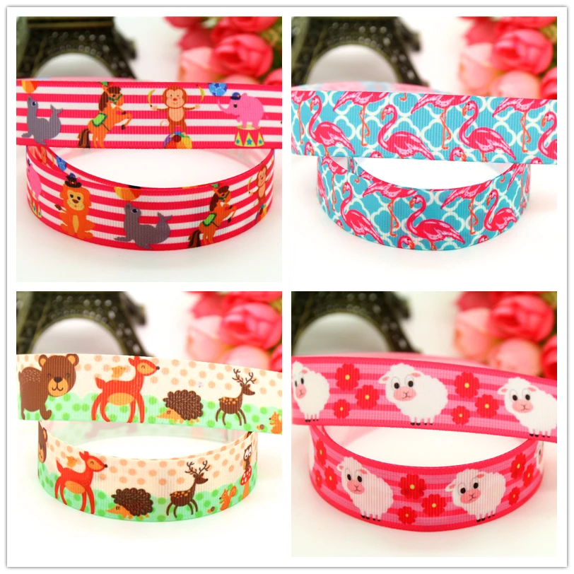 

DUWES 7/8'' Free shipping circus flamingo animals sheep printed grosgrain ribbon hairbow headwear party decoration 22mm D620