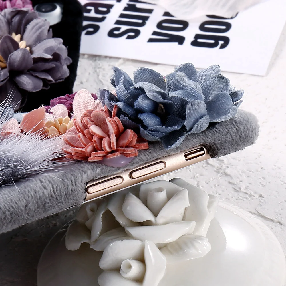 KISSCASE Luxury 3D Flowers Fur Cases Cover For iPhone 7 7Plus Phone Lovely Korean Back Apple 6 6S Plus |