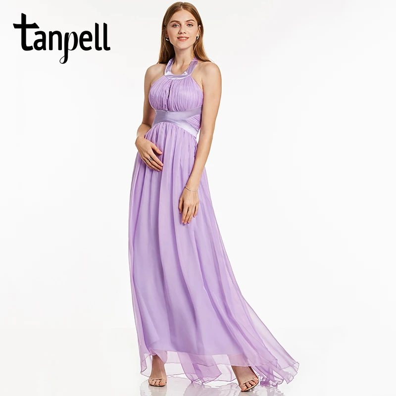 

Tanpell halter long prom dress new lilac sweep train floor length a line gown women empire draped formal graduation prom dresses