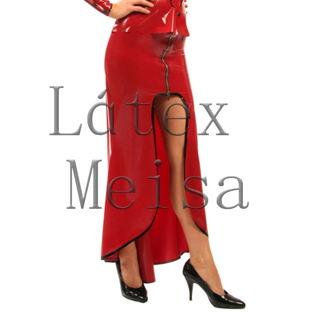Sexy women's red A-line latex long skirt attached front zip and decorative with black trim color