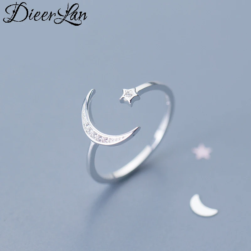 DIEERLAN 100% Real Pure 925 Sterling Silver Crystal Moon Star Big Rings for Women Ladies Statement Jewelry Wedding Finger Ring