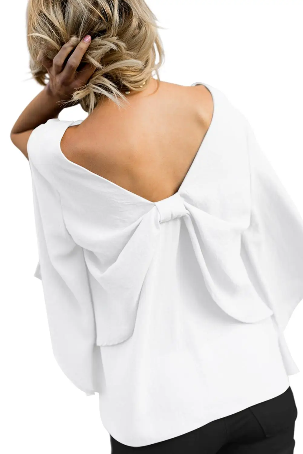 Echoine Gray/Black V-Neck Bowknot Three-Quarter Ruffle Sleeve Blouse Women Summer Formal Office Plus Size 2XL Tops |
