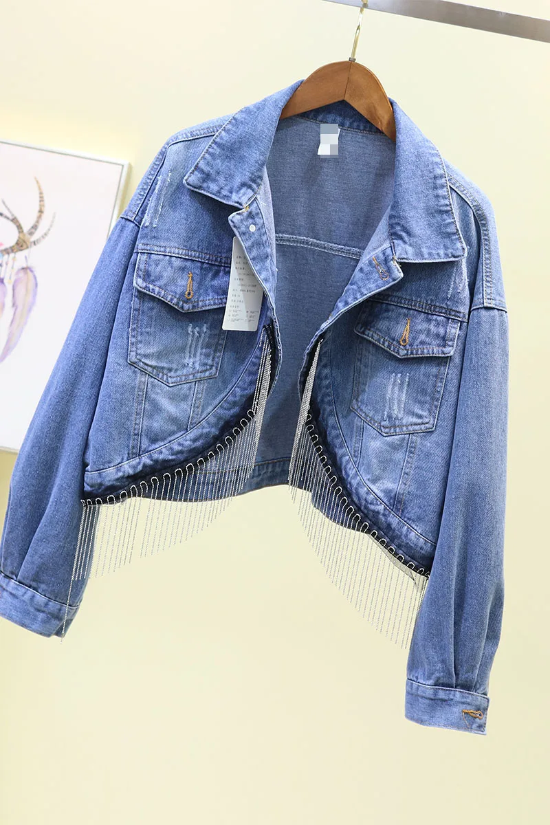 

Spring Autumn New Loose Bastard Hanging Chain Irregular Fashion Jeans Jacket Short Coat Women's Holiday All-match Basic Coats