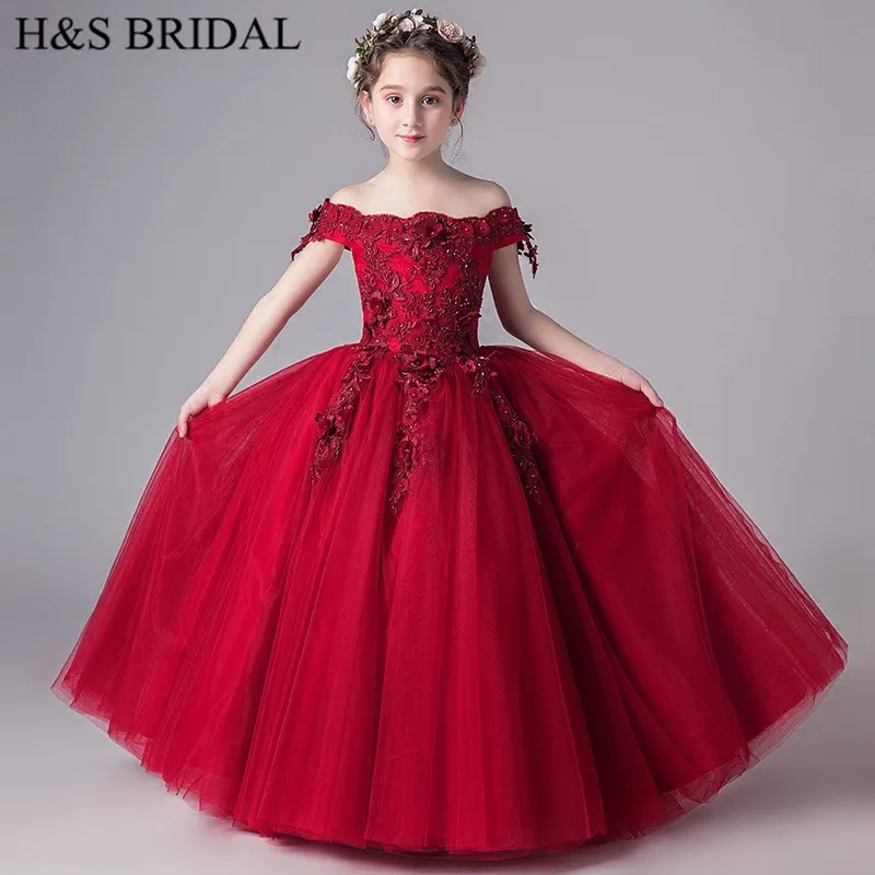 

H&S BRIDAL Burgundy flower girl dresses Lace Pageant Dresses ball gown primera comunion vestido de daminha