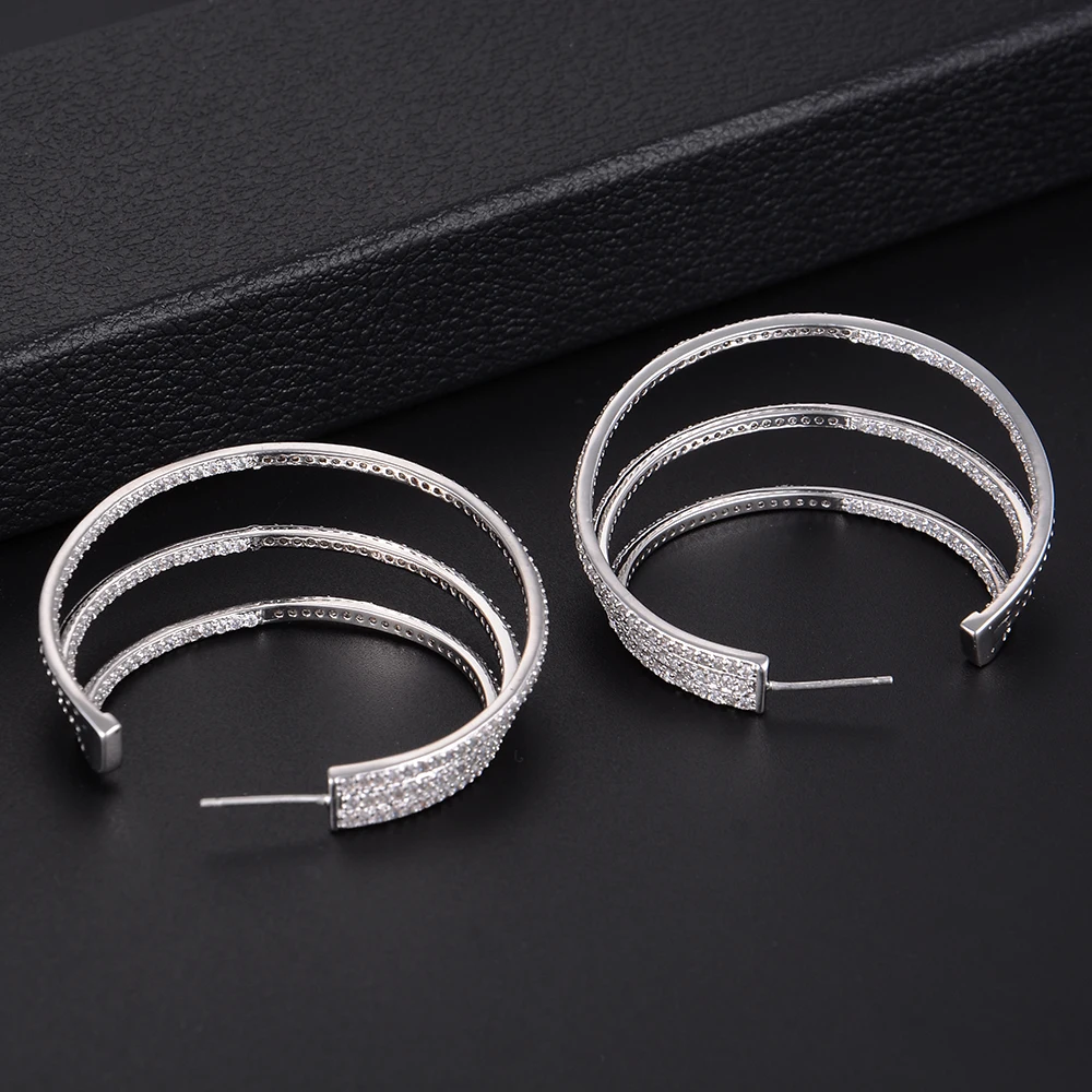 SISCATHY Big 3Rows Circle Full Mirco Paved Microl Cubic Zirconia Earrings For Women Bridal Dress Hoop Fashion Jewelry | Украшения и
