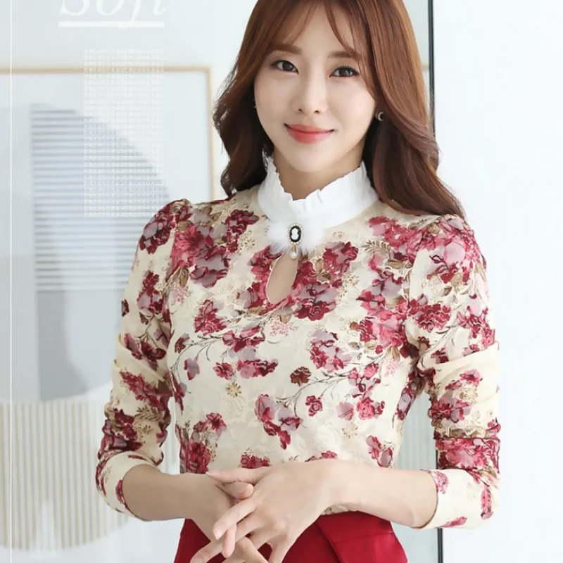 EXOTAO Fashion Lotus Leaf OL Women Blouse Slim Printing Camisas Mujer S-3XL Korean Style Long-sleeved Female Lace Shirt |