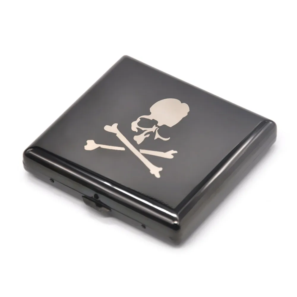 Skull "420" Pattern Ice Rainbow Color Metal Cigarette Case(90x80MM) Hold 20 Regular Size Cigarettes(85mm*8mm) With 2 Clips - Цвет: Skull