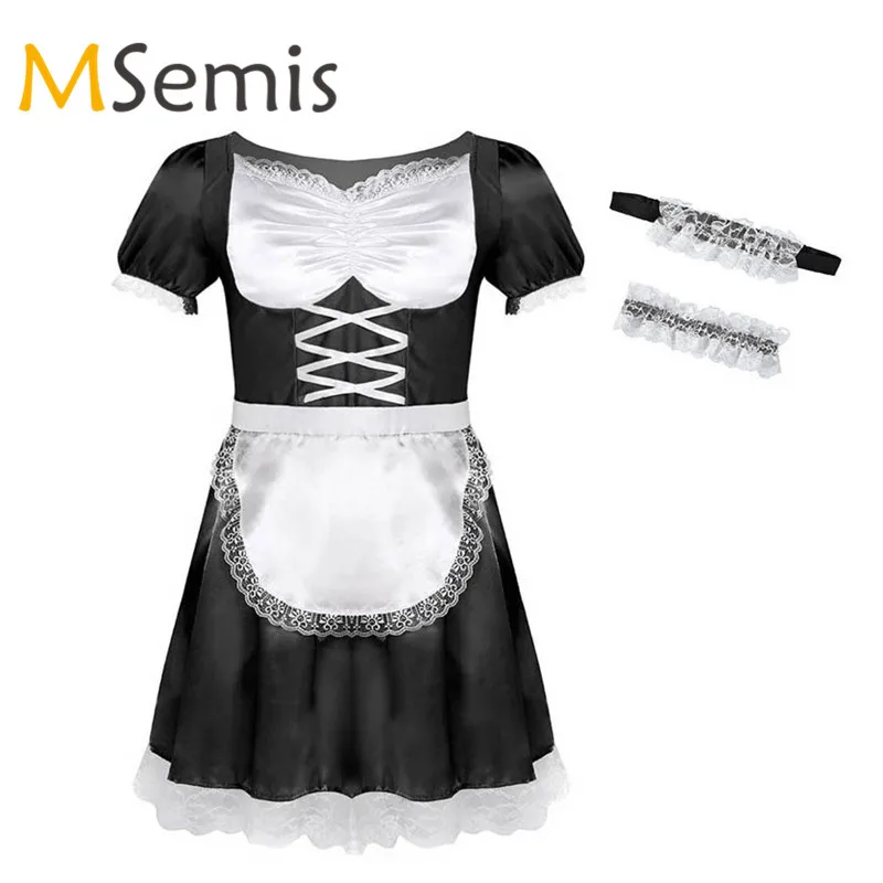 

3Pcs Gay Mens Sissy Dress Maid Uniform Dress Sissy Crossdresser Costume Outfit Short Sleeve Satin Dress with Choker and Headband