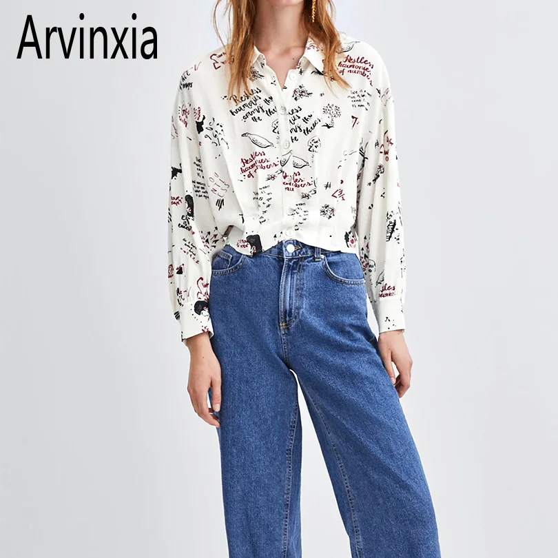 Arvinxia ZA Новое поступление женские блузки с длинным рукавом и цветочным принтом