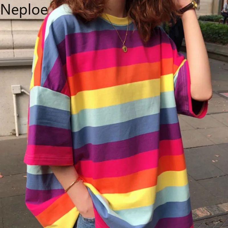 Neploe женские футболки в радужную полоску Лето 2021 Harajuku BF с круглым вырезом и