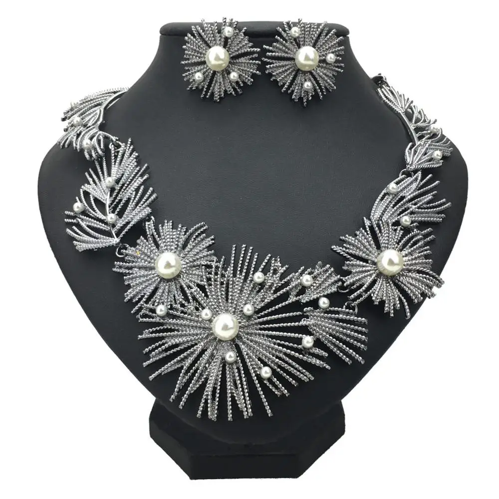 Gun black Necklace MANILAI, большой цветок, массивное ожерелье, набор, женский, Свадебный, Африканский, имитация жемчуга, металл, свадебные серьги, ожерелье, ювелирные наборы - Окраска металла: Gun black Necklace