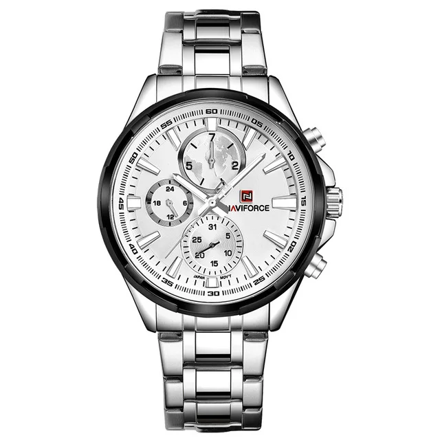 Silver White NAVIFORCE Мужские часы от ведущего бренда, роскошные черные полностью стальные водонепроницаемые кварцевые часы, мужские повседневные спортивные часы с хронографом, наручные часы - Цвет: Silver White