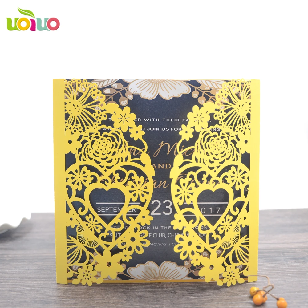 

50pc High Quality Invitation gold Glitter Card craft laser cut heart folded wedding party birthday invitation card