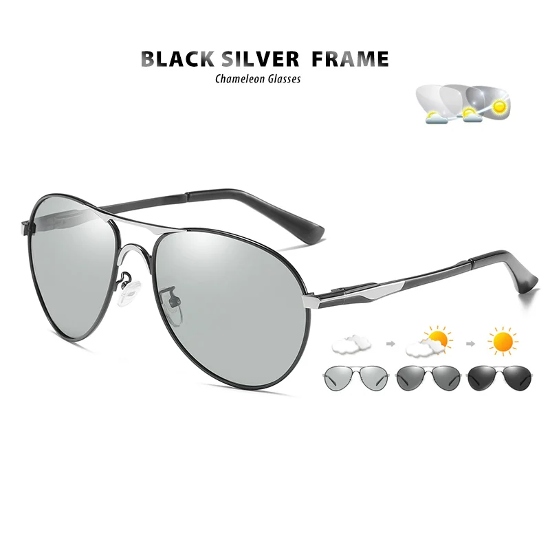 Black silver frame Высококачественные авиационные фотохромные солнцезащитные очки, Мужские поляризационные очки-хамелеоны, мужские солнцезащитные очки, день, ночное видение, очки для вождения - Цвет линз: Black silver frame