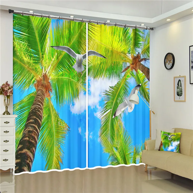

Sunshine Green Coconut tree Seagull Scenery Digital 3D print Smooth Window Curtain luxury Living Room office Drapes Rideaux