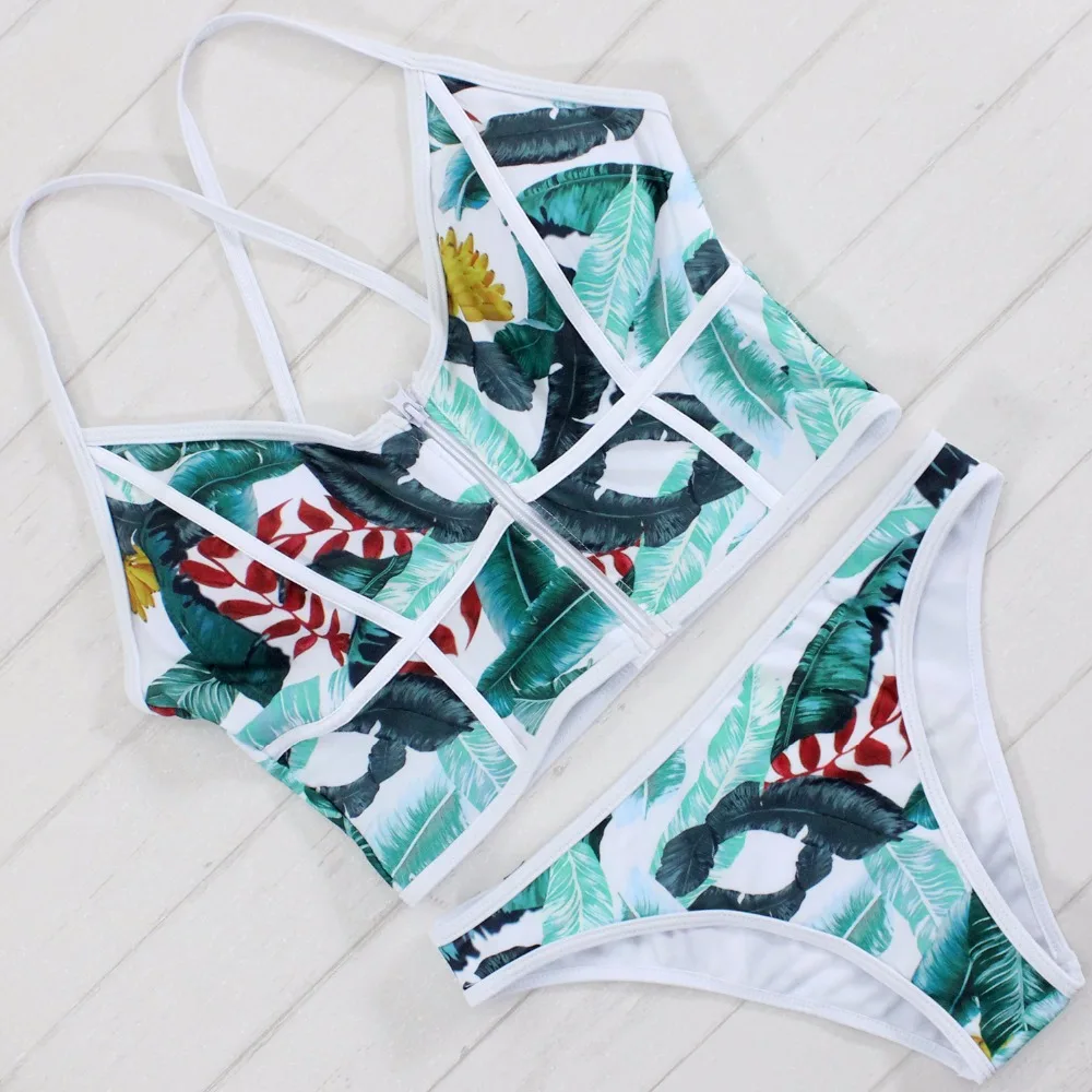 

Women Sexy Swimwear Brazilian Print Front Zipper Sling Bandeau Triangle Bikinis Set Padded Swimsuit Brazilian Biquinis 2017