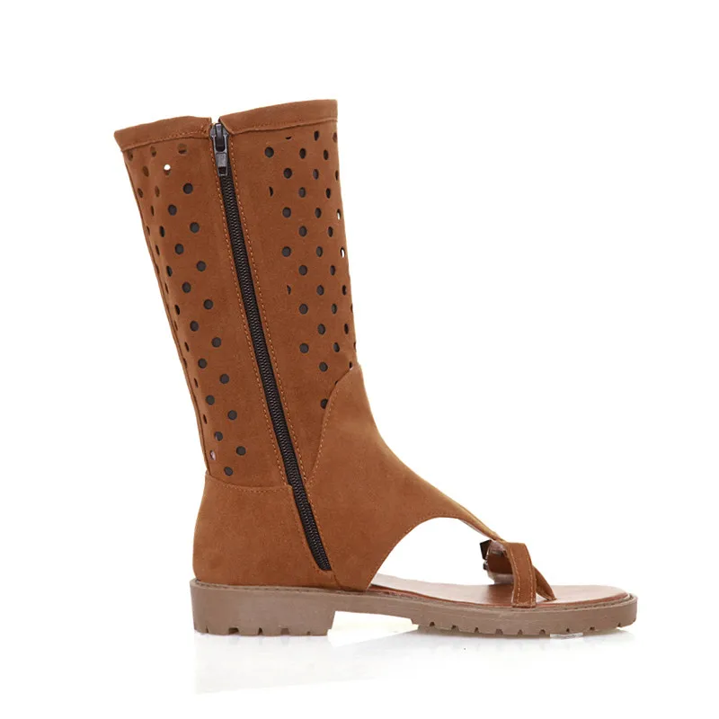 Женские сапоги до середины икры RYVBA черные коричневые на плоской подошве с