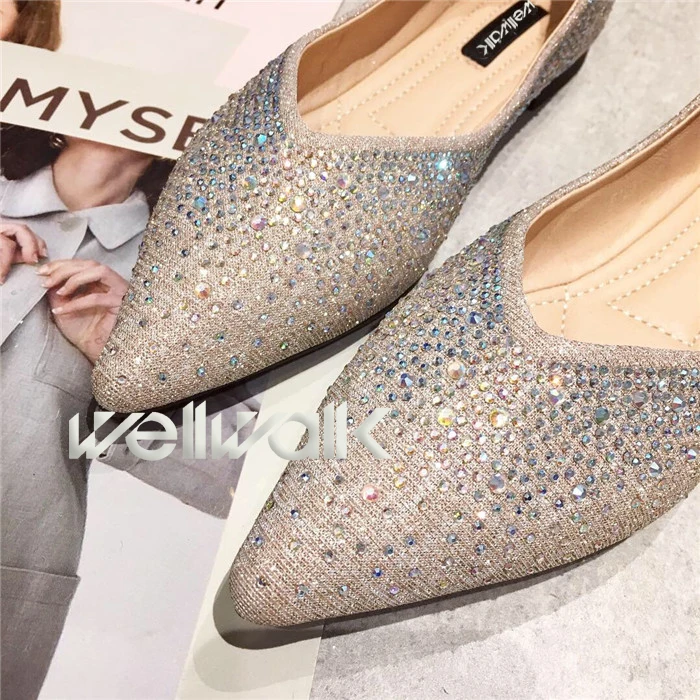 Wellwalk Flash Ballerinas Ladies Flat Shoes Women Crystal Ballet Flats Pointed Toe Moccasins Foldable Fashion Party Shoes Summer