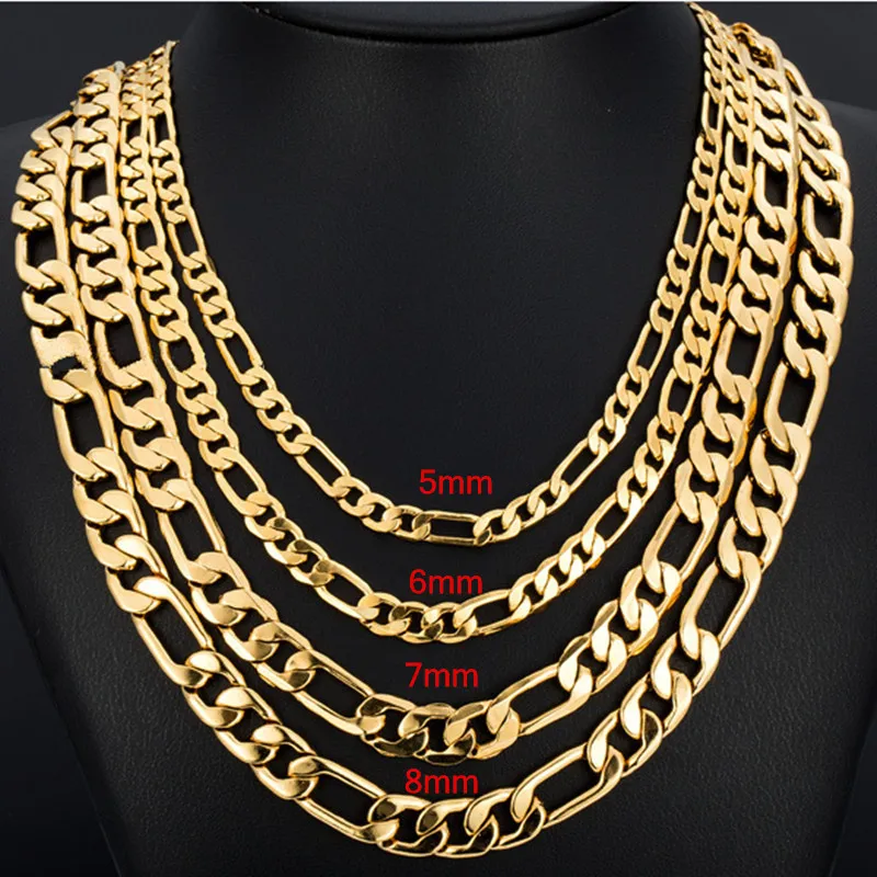 

3/4/5/6/7/8MM Wide Gold Color Stainless Steel Necklace Trendy Long Figaro Chain Necklace 24 inches Chain