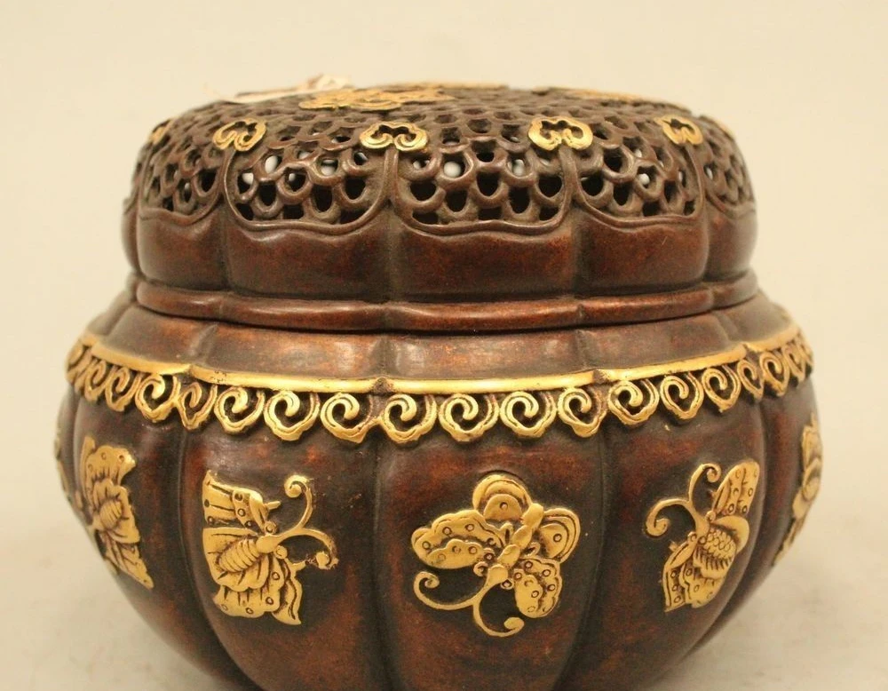 4&quot Chinese Purple Bronze 24K Gold Butterfly pumpkin Statue Incense Burner Censer | Дом и сад
