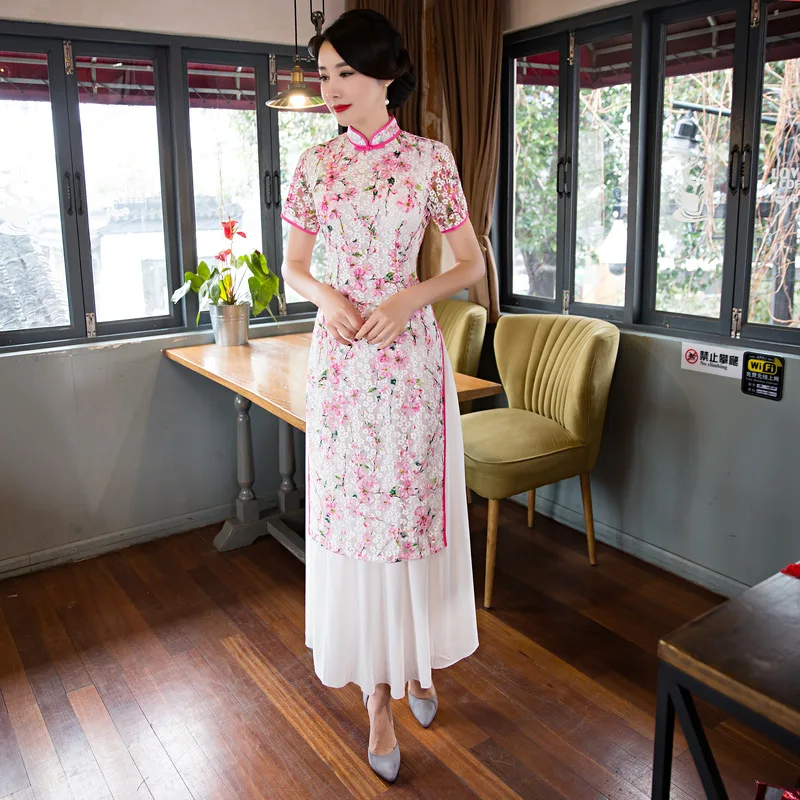 Женское длинное платье Ципао Cheong-sam кружевное реформирующее вьетнамское