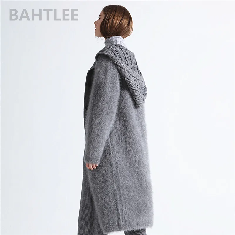 BAHTLEE, зимняя женская шапка из Ангорского Кролика, кардиганы, супер длинный свитер, свободный, с перламутровыми пуговицами, карманами, очень толстый, сохраняет тепло