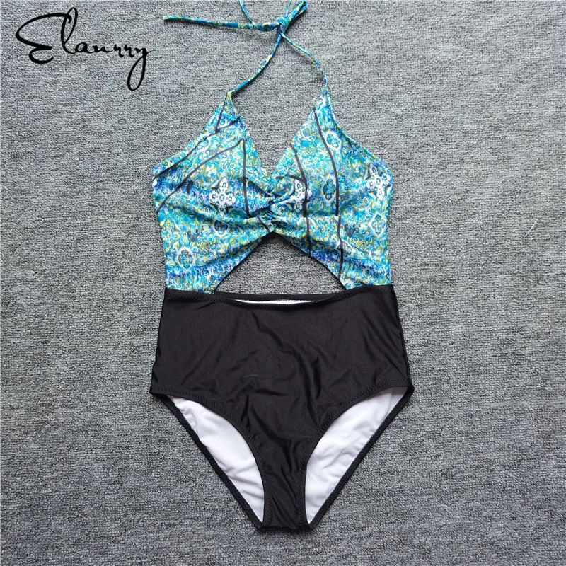 One Pieces Swimsuit Women 20178 Patchwork Swimwear Female Padded Bathing Suit Halter Bandage Swimming Sexy Ladies Beachwear | Спорт и