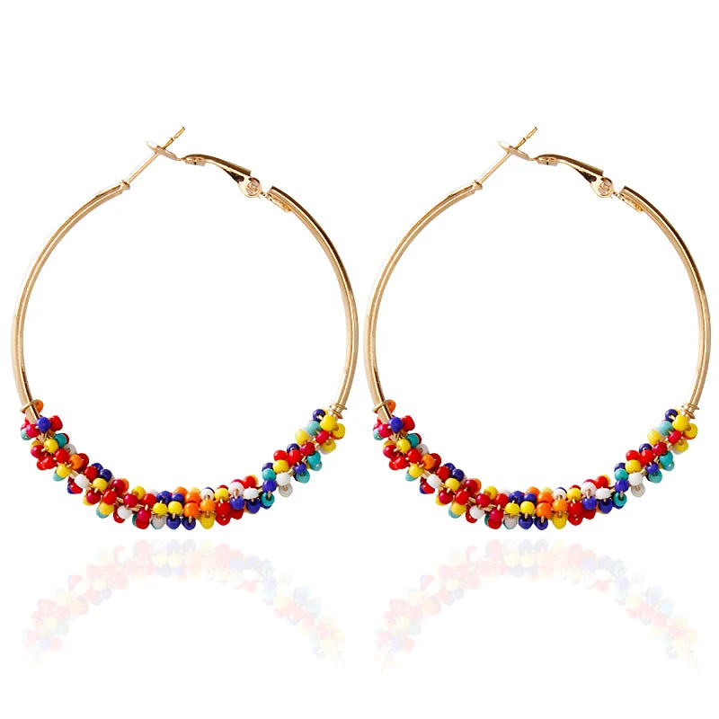 YUKAM Boho, большие преувеличенные серьги с круглой петлей, круглые креольские серьги-кольца, Золотое семя, женские серьги с бусинами, ювелирные изделия ручной работы