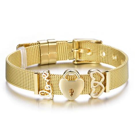 Gold Color CUTEECO очаровательные ювелирные изделия, серебряный цвет, браслет из нержавеющей стали, набор золотых браслетов с замком для любви, брендовый браслет для женщин, подарок для девушки - Окраска металла: Gold Color