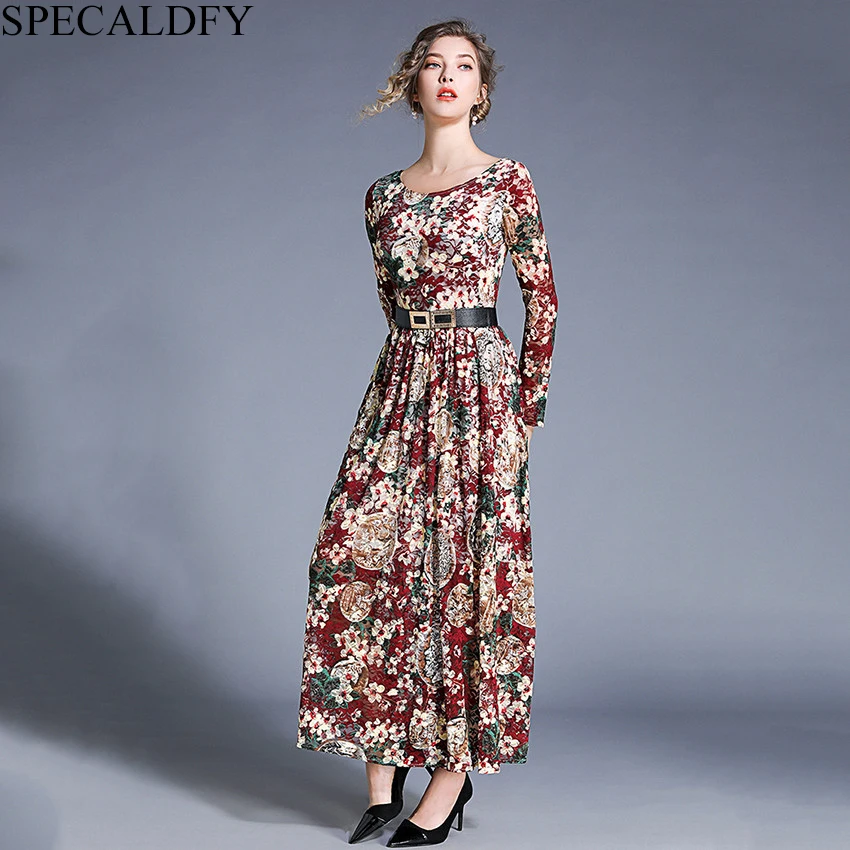

3XL 2020 Spring Floral Dresses Women Elegant Long Maxi Dress Long Sleeve Vintage Lace Dress Plus Size Vestidos Robe Femme Belt