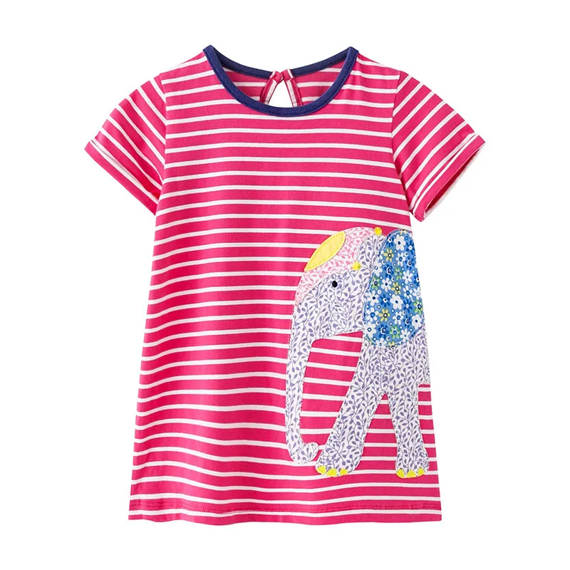 

Little Maven New Summer Kids Clothing Rosy Striped Elephant Cartoon Applique Short O-neck Knitted 1-6yrs Cotton Girls Dresses