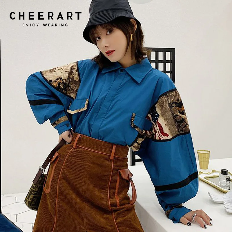 Cheerart винтажные Женские топы и блузки поп пэчворк синяя свободная рубашка с длинным рукавом Свободная блузка Топ Femme