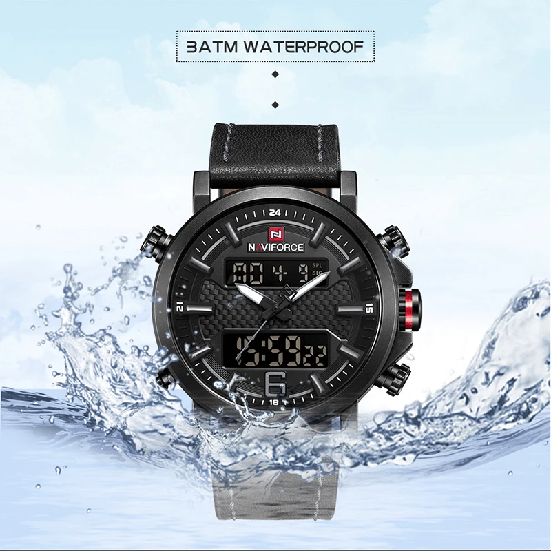 Часы NAVIFORCE мужские модные спортивные кожаные водонепроницаемые кварцевые