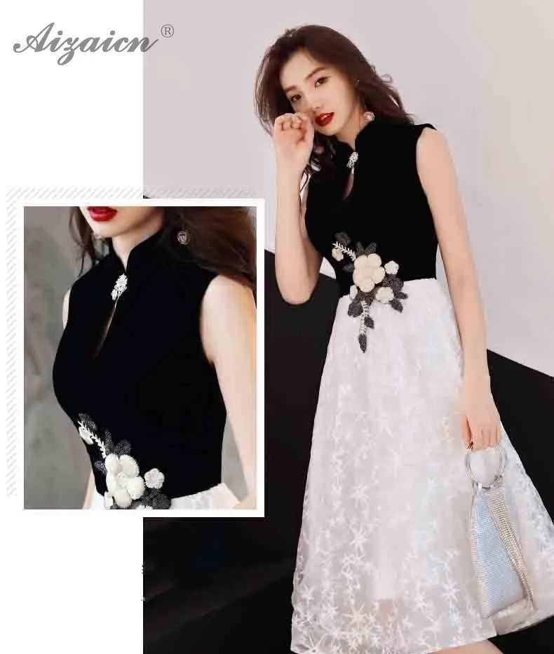 Китайское современное платье, черно-белые платья, мода, Qi Pao, аппликация, Cheongsam, Восточный стиль, длинные, повседневные, Qipao, вечерние платья