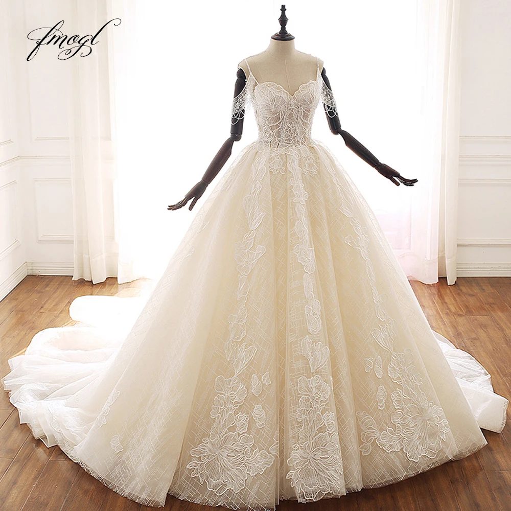 Кружевное бальное платье Fmogl Vestido De Noiva свадебное на тонких бретельках винтажное с