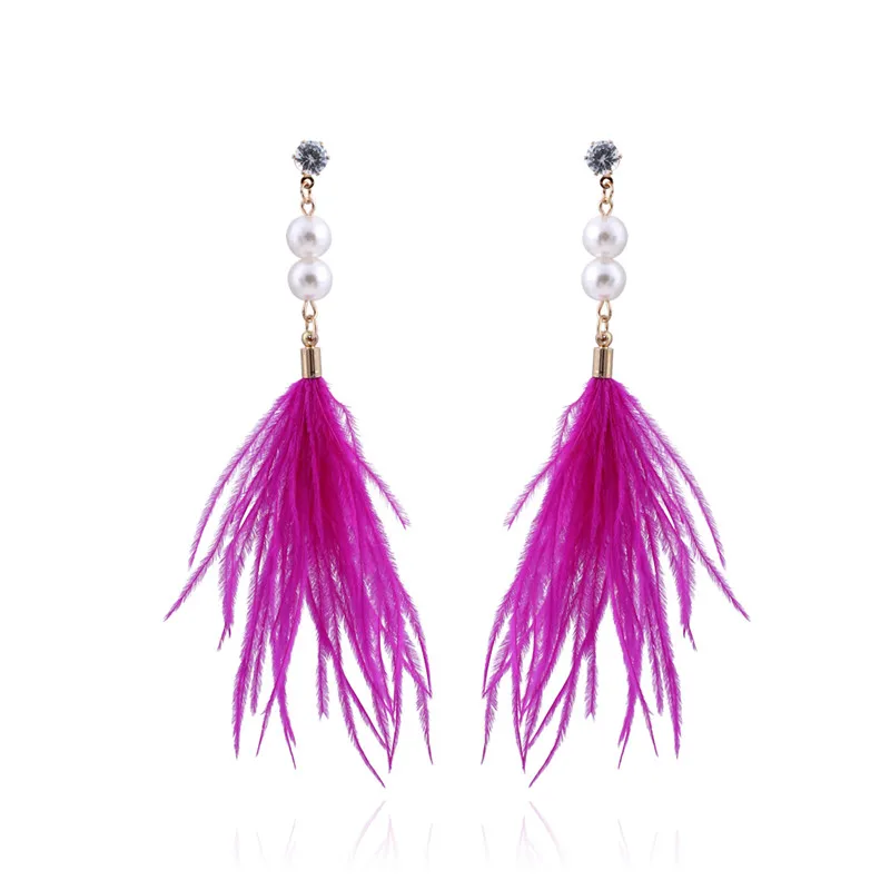 Женские серьги капельки Boho длинные из натурального страусиного пера с
