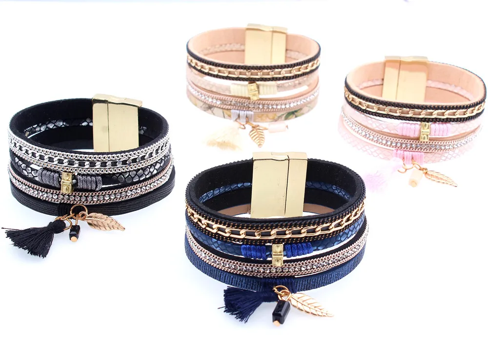 Модные Многослойные Кожаные Браслеты Стразы с кисточками и шариками браслеты на