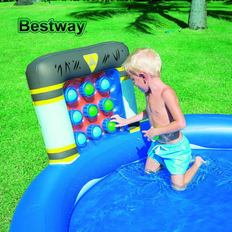 53057 Bestway 231x193x150 см надувной пластиковый бассейн с распылителем горкой корзиной