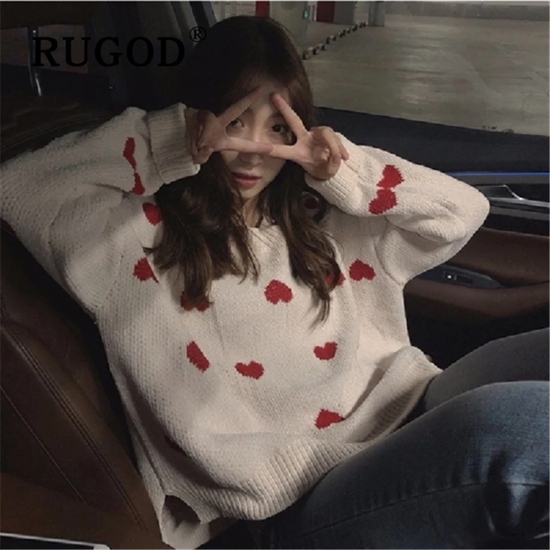 RUGOD Korean chic heart printed women sweater Fashion round neck long sleeve pullovers female Elegant Auturn winter streetwear | Женская
