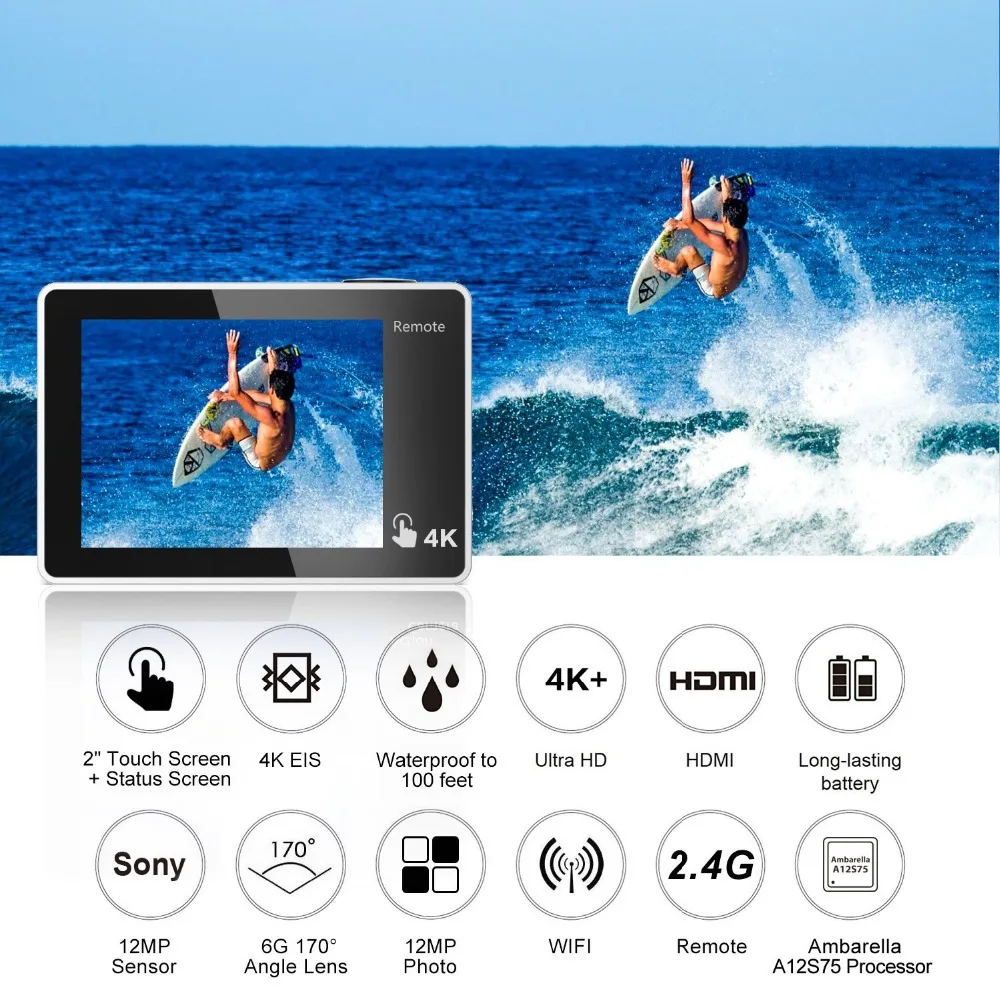 EKEN H5s Plus & Ultra HD 4K + Экшн камера 12 МП с EIS 100 футов Подводная Водонепроницаемая